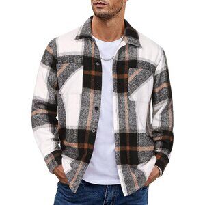 Men's Gray Flannel Shirts Casual Button Down Plaid Shirt with Pockets